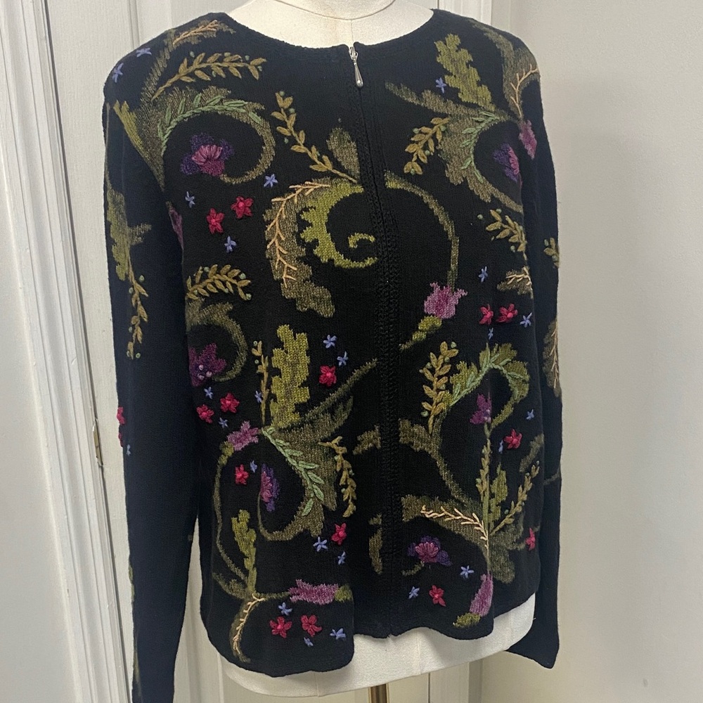 Talbots vintage embroidered Floral Embroidered Black Sweater